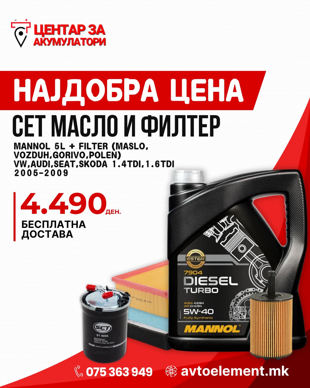 SET MASLO MANNOL 5W40 5L I KOMPLET FILTRI 1.4TDI